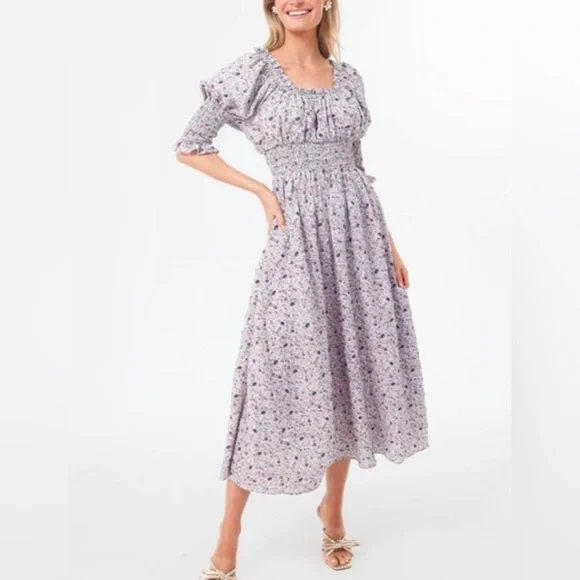 Tuckernuck Hyacinth House Smocked Ruched Cali Floral Midi Dress in Lavender M - Picture 5 of 16